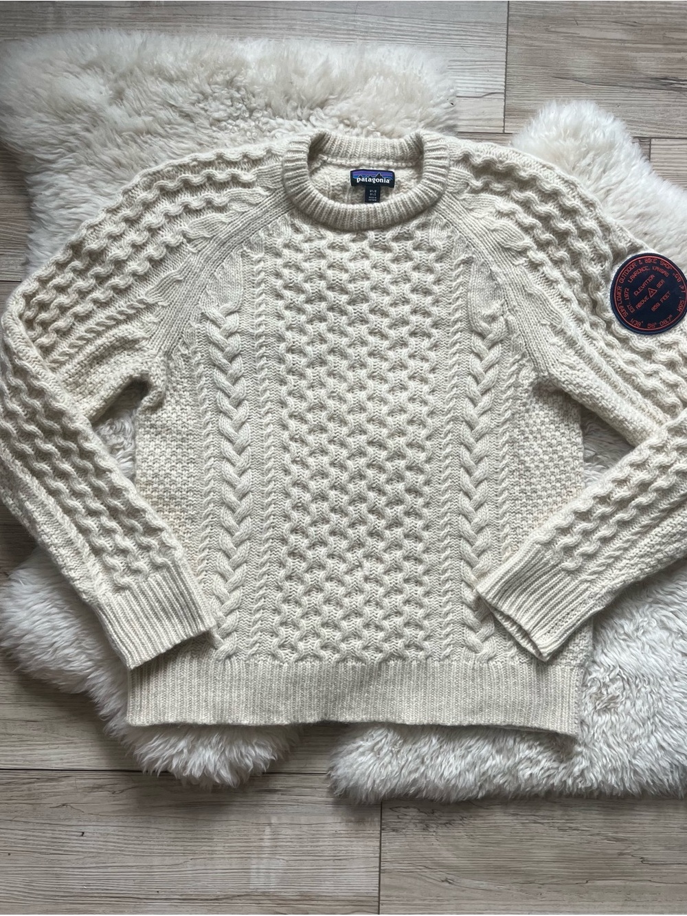 Patagonia Recycled Wool-Blend Cream Cable Knit Sweater Customized